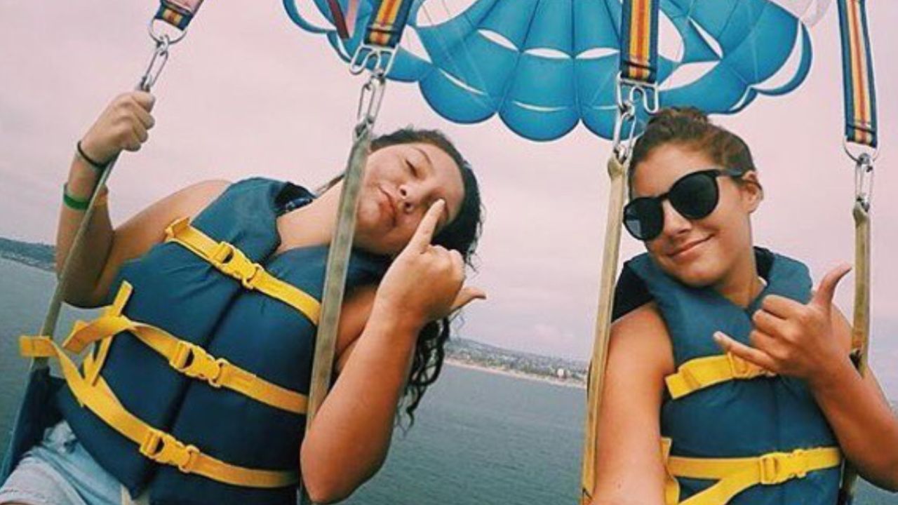 A parasailing session featuring two women flying with Go Parasailing