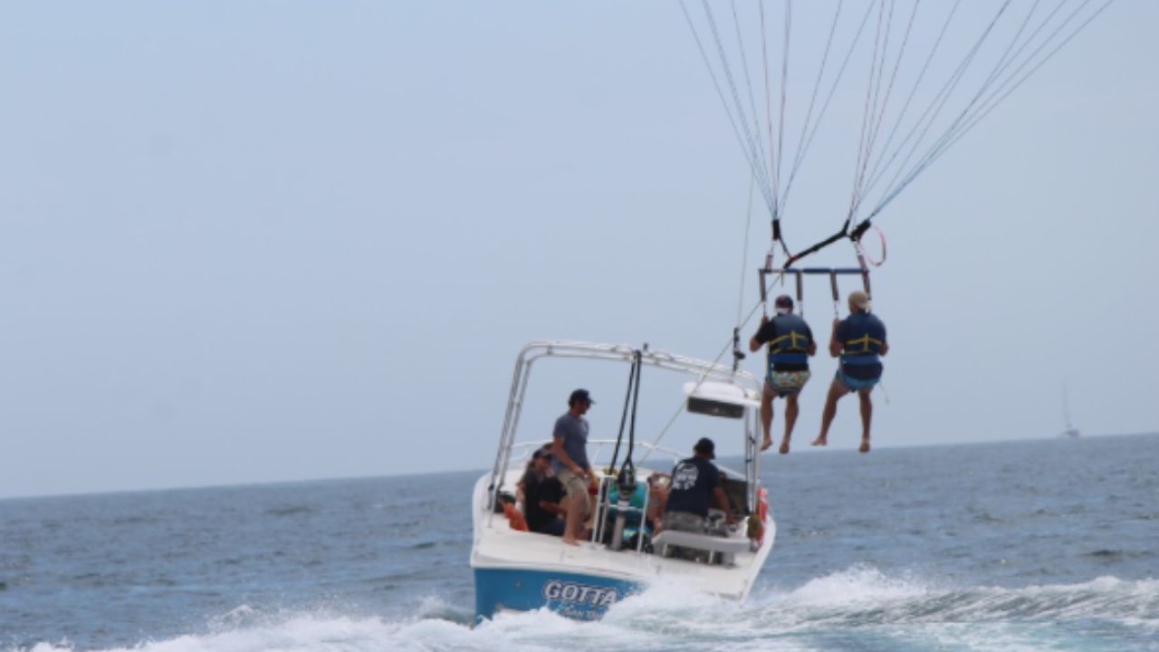 Two people parasailing in tandem, lifted into the air from the back deck of a specialized boat.