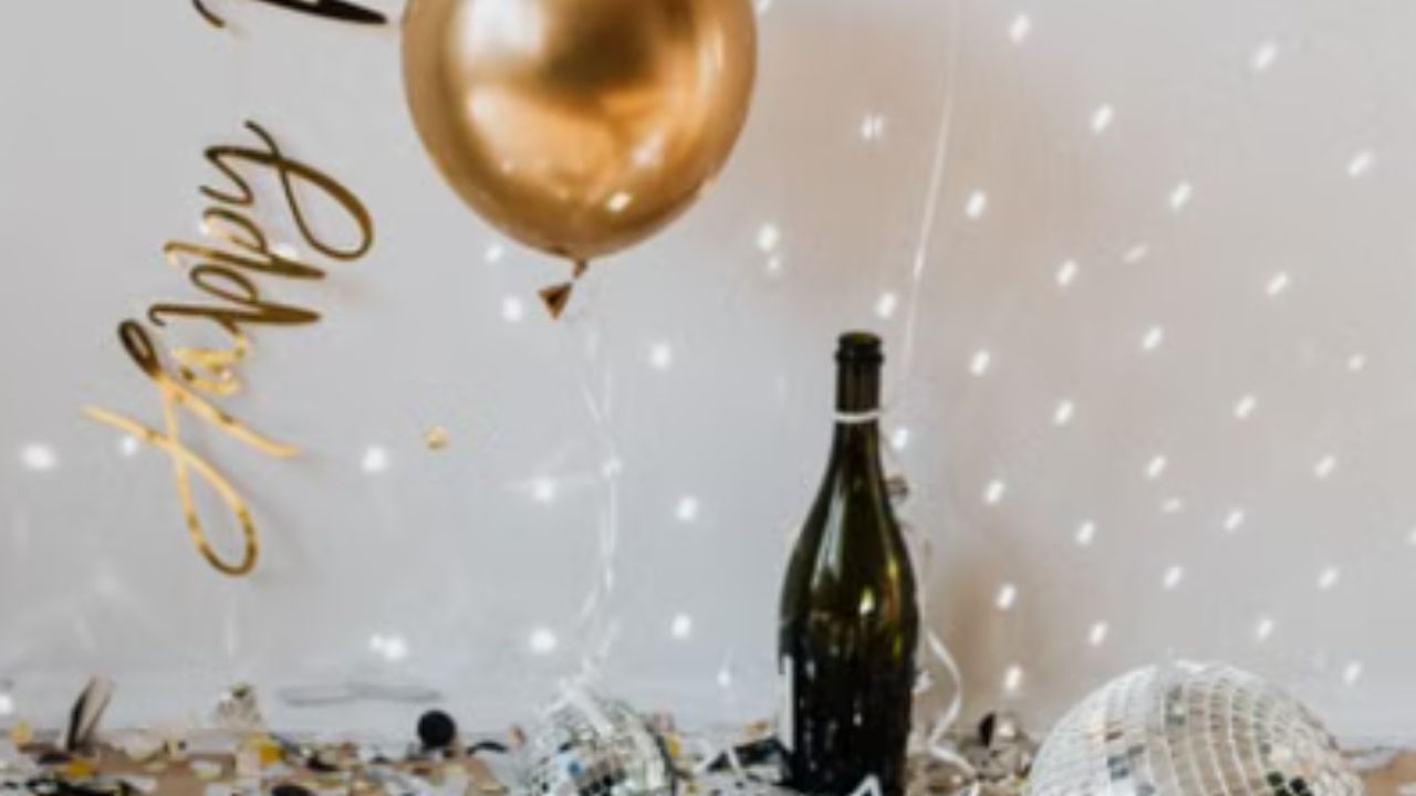 New Year's Eve scene with balloons, confetti, and disco balls.